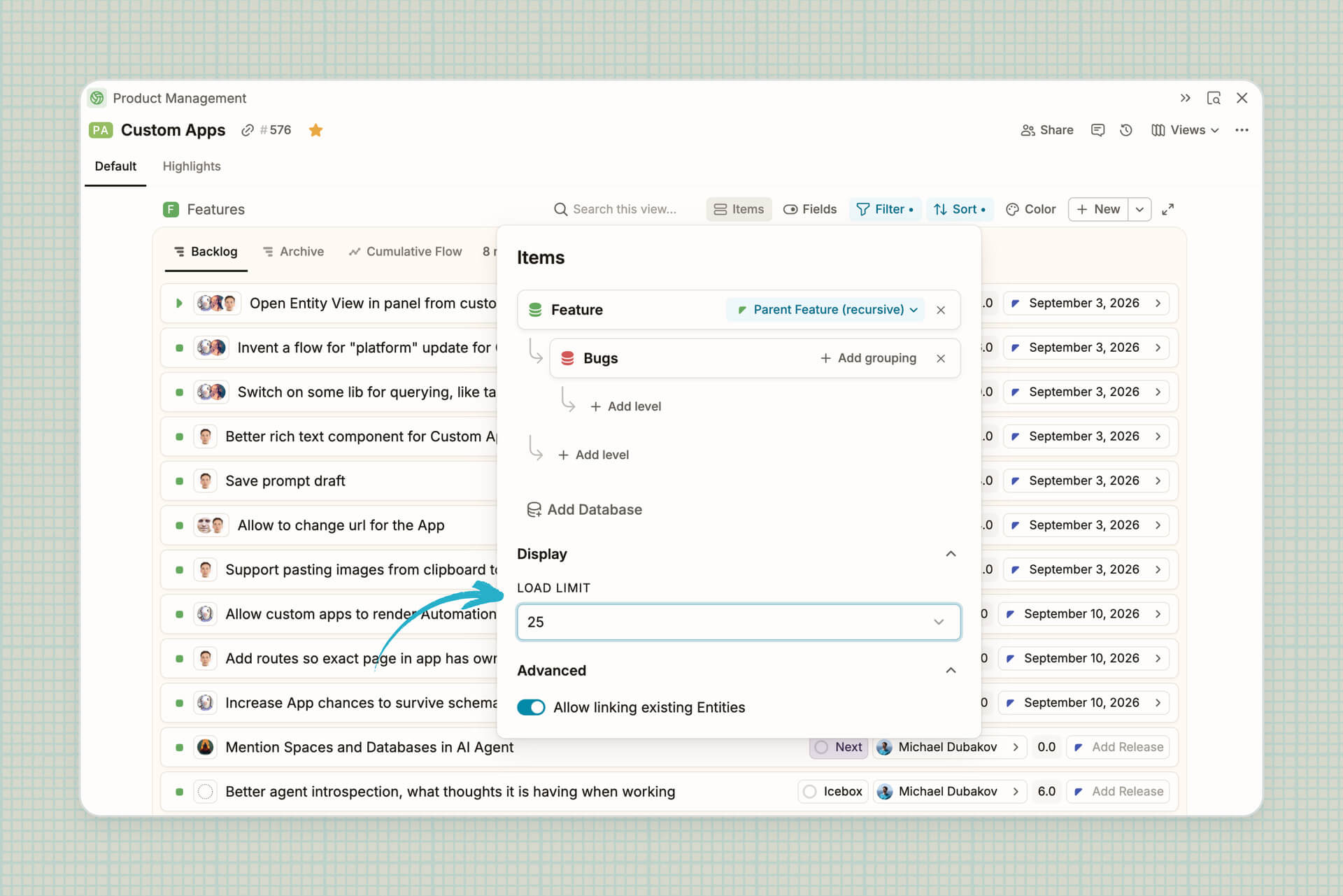 Set a load limit for Lists and Tables on Entity View